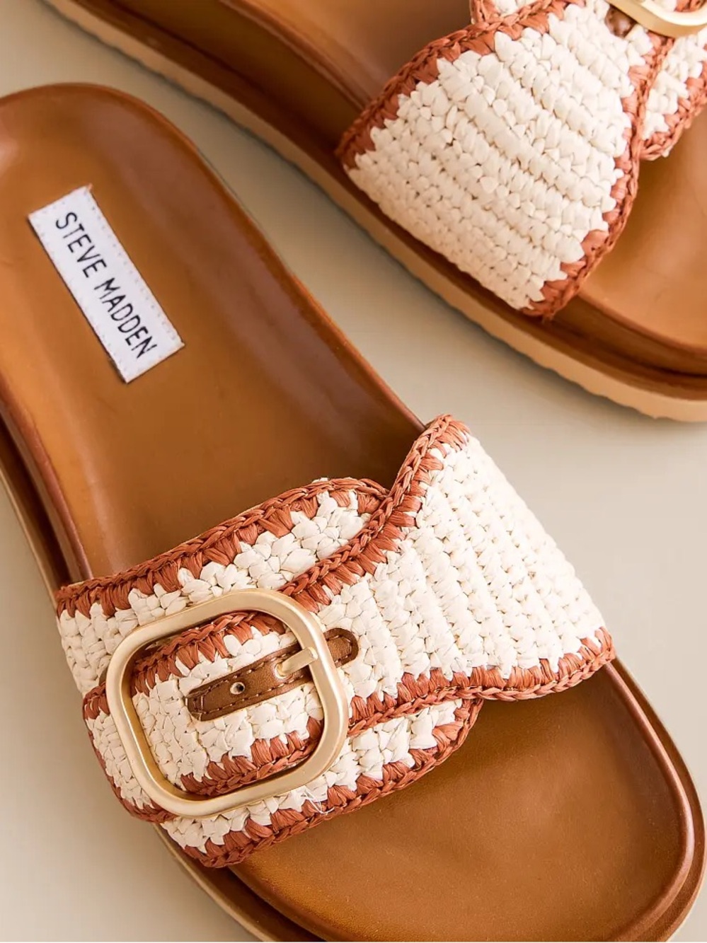 Steve Madden Cream and Brown Woven Buckle Slide Sandals